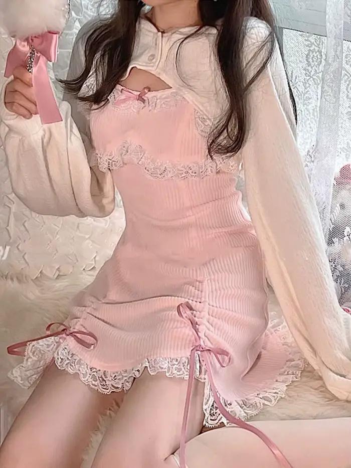 Robe Lolita en dentelle pour femmes, mini robes japonaises, nœud doux, rose Kawaii, fête féminine, p