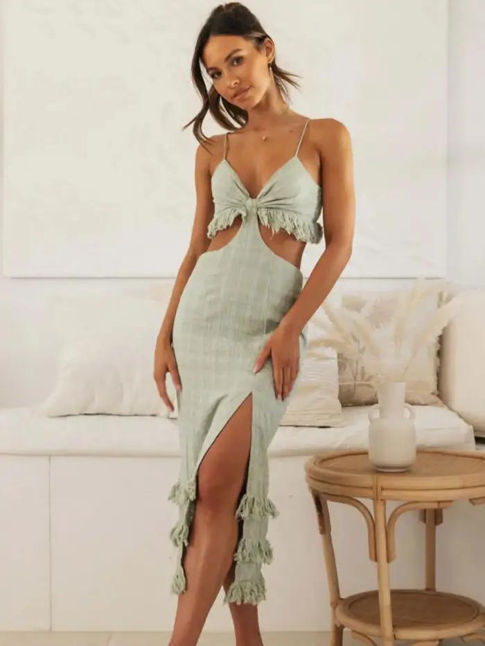Robe longue en dentelle, couleur unie, col en V, Sexy, bretelles, sans manches, coupe, dos nu, trans