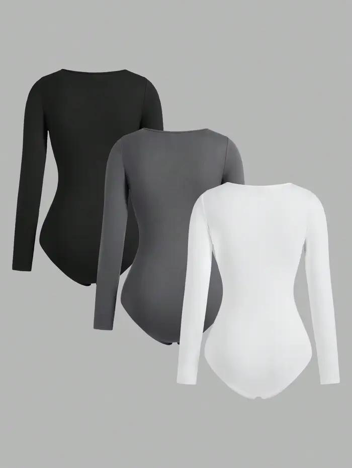 Body une pièce à manches longues pour femme, 3 pièces, col carré, entrejambe ouvert, Streetwear, vêt