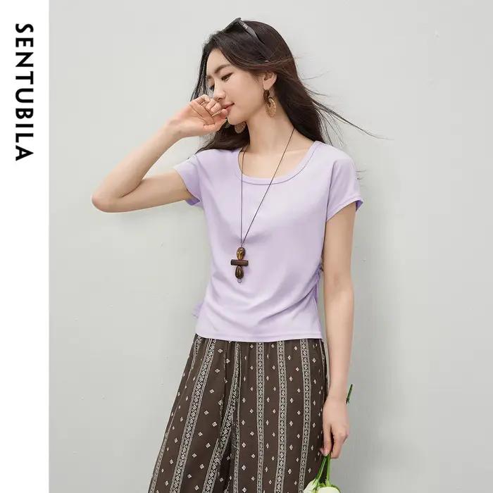 T-shirt en maille minimaliste à manches courtes pour femme SENTUBILA, style coréen, col en U, plis l