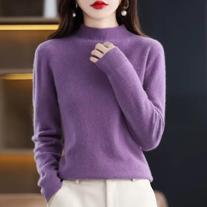 Pull en laine mérinos pour femme, pull sans couture, pull à col mi-haut, base décontractée, cachemir