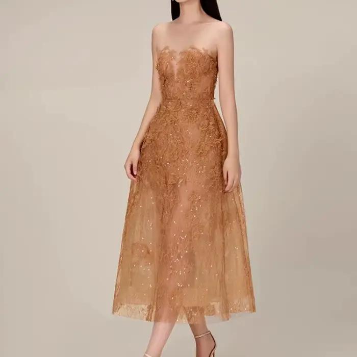 Robe de Soirée en Dentelle pour Femme, Tenue Élégante, Taille Haute, Col Rond, 20234
