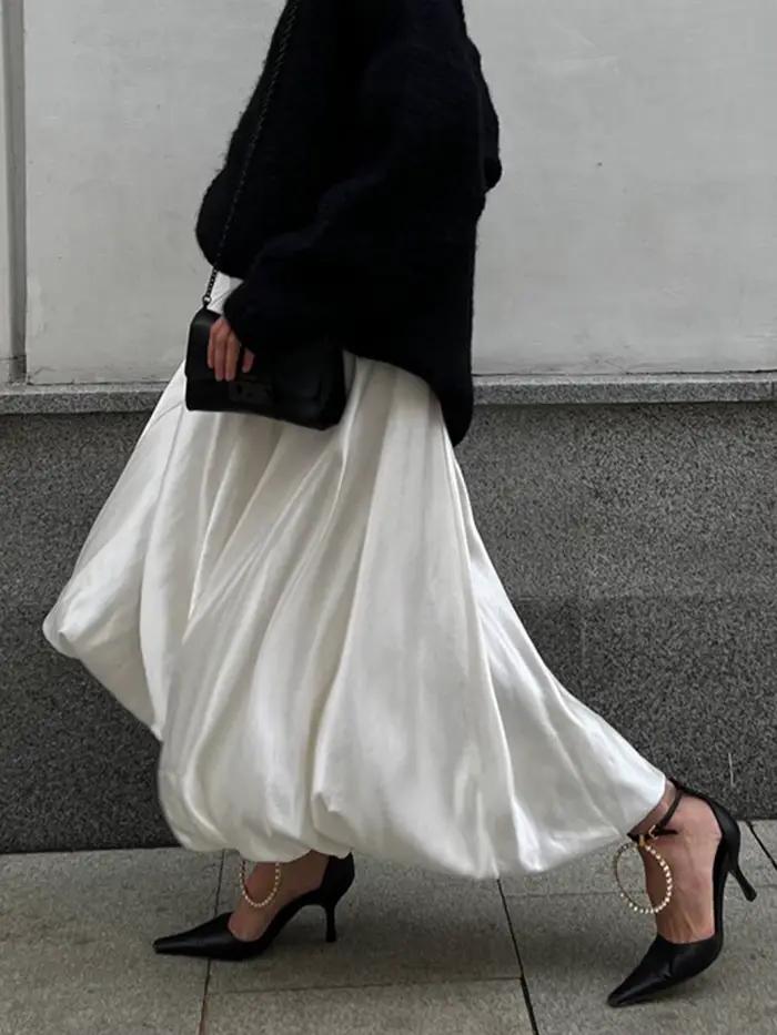 Jupe Trapèze Drapée en Satin pour Femme, Taille Haute, Mode Élégante, Couleur Unie, Fermeture Éclair