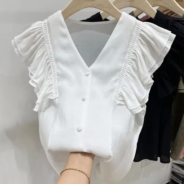Chemises à manches volantes pour femmes, style français, à volants, de niche, solide, tout assressen
