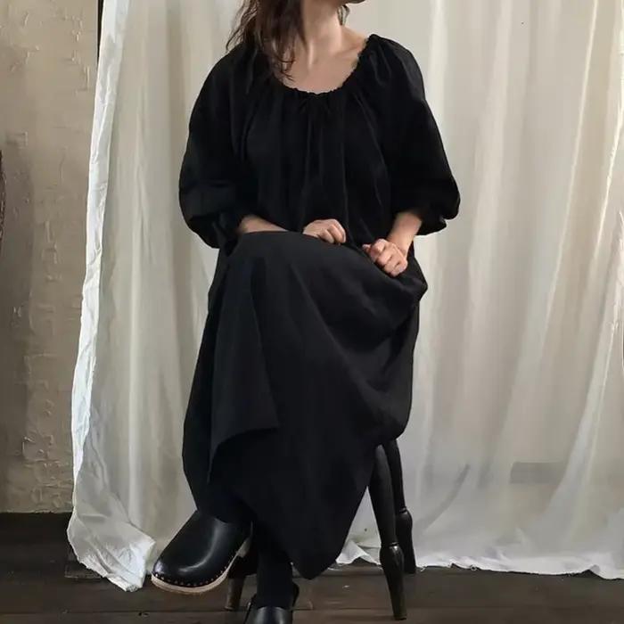 Robe élégante en coton et lin pour femmes, Maxi, décontractée, manches longues lanterne, Vintage, am