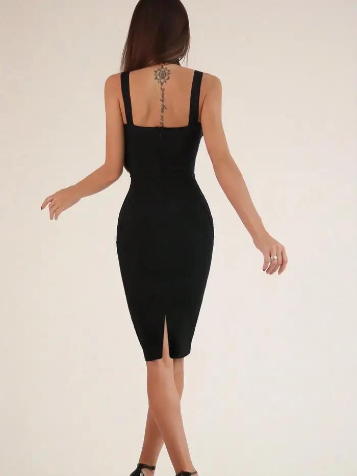 Sexy Spaghetti sangle licou noir fente Midi robe moulante pour les femmes robe de pansement élégante