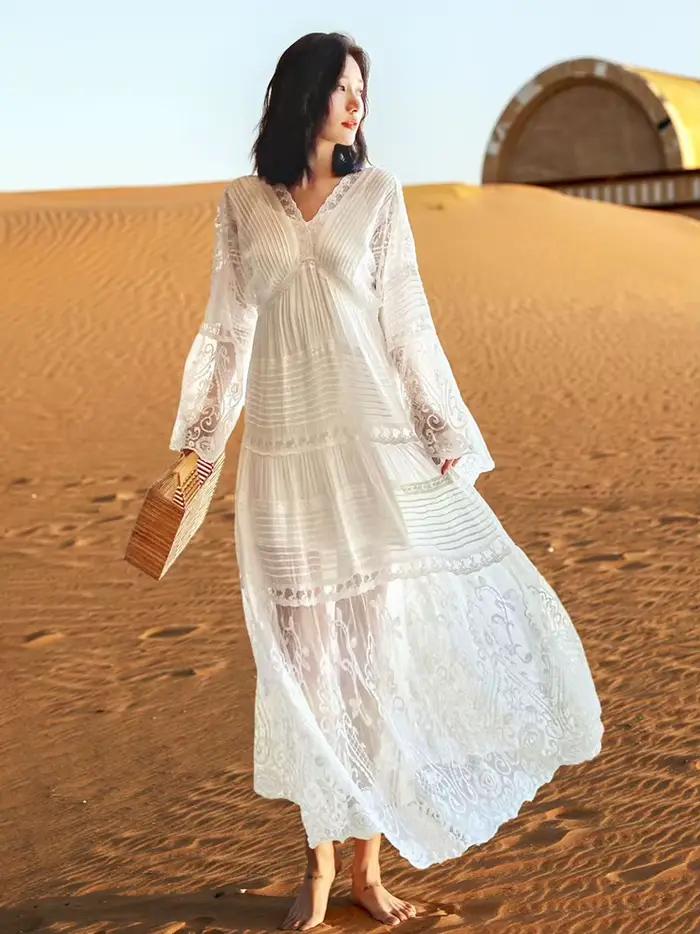 Pouvez-vous psyLady-Robe maxi blanche en dentelle florale pour femmes, élégante, coton nickel é, col