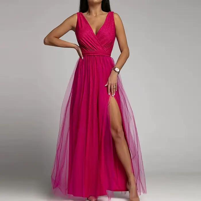 Robe de soirée en dentelle et maille pour femme, tenue de soirée Sexy sans manches, Maxi plis, col e