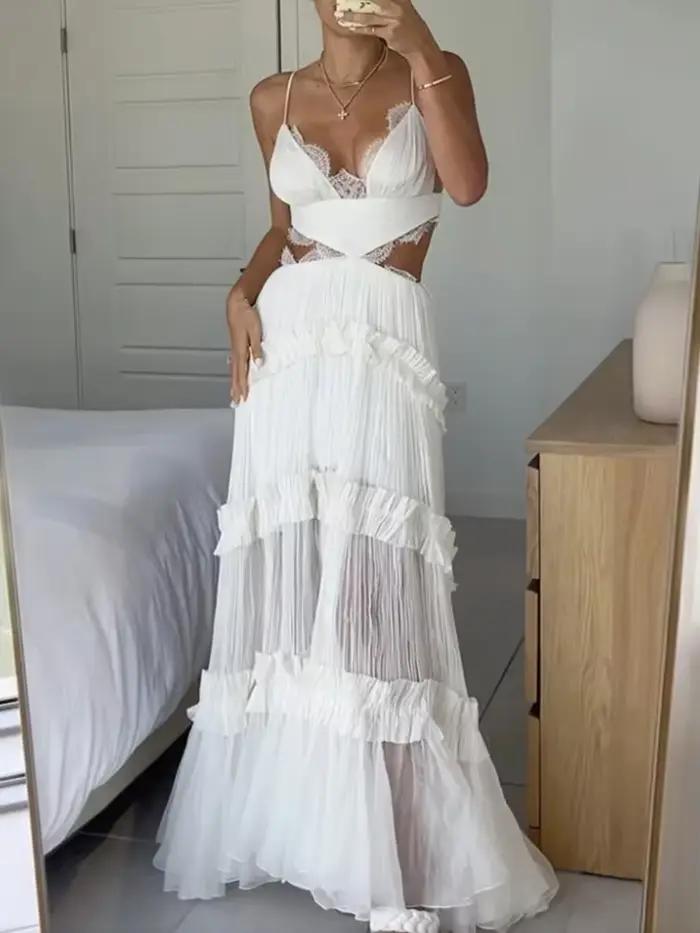 Robe longue en dentelle, couleur unie, col en V, Sexy, bretelles, sans manches, coupe, dos nu, trans