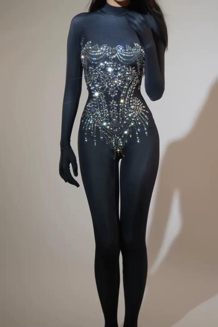 Combinaison extensible avec strass scintillants pour femmes, tenue de soirée Sexy pour Club, Drag Qu