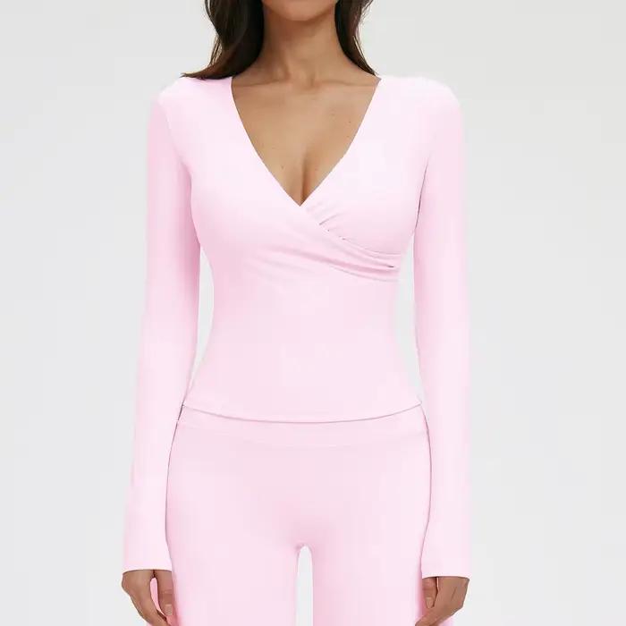 T-Shirt de Sport à manches longues pour femmes, col en v profond, Yoga, Sexy, rembourré sur la poitr