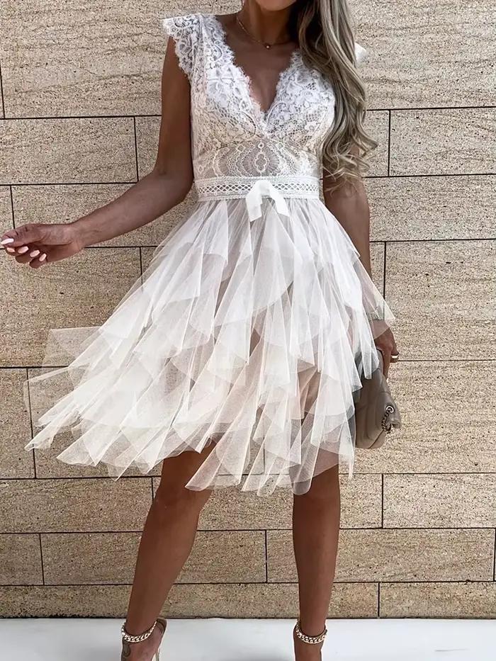Dentelle col en V femmes taille haute robe unie été dame Patchwork maille robe asymétrique sans manc