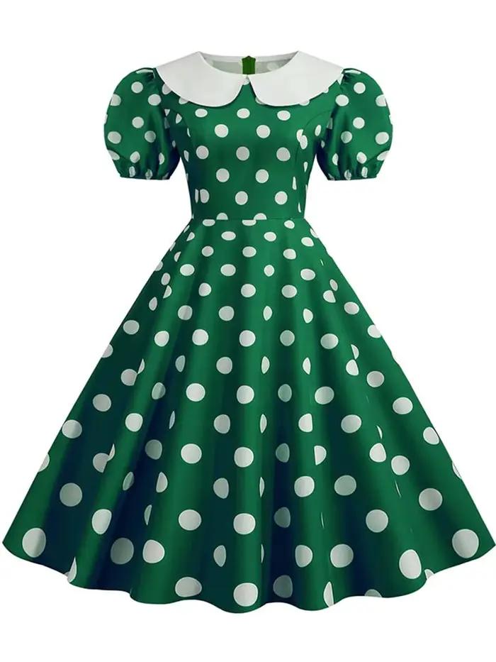 Robe d'été élégante pour femme, manches courtes bouffantes, à pois, col Peter Pan, style vintage, co