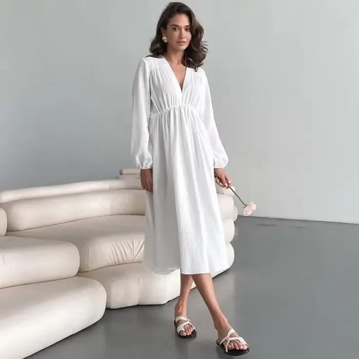 Robes élégantes en mousseline de coton pour femmes, manches longues, col en V, décontracté, fête, va
