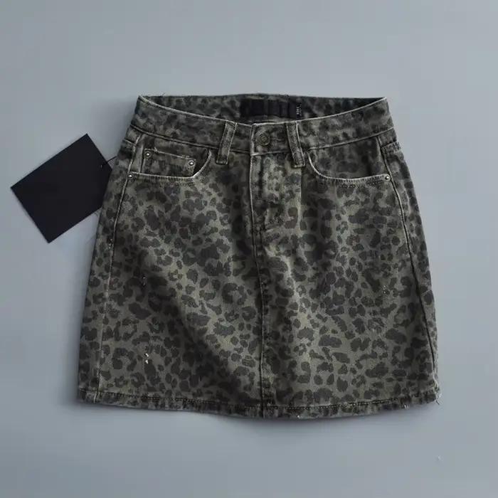 Mini-jupes taille haute pour femmes, jupes léopard à la mode, denim vert vintage, jupe de combat déc