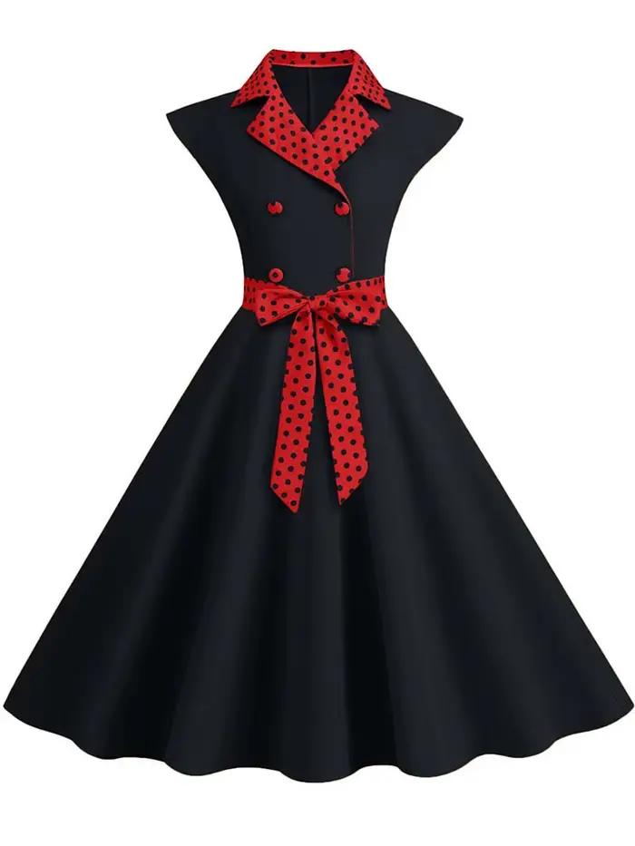 Col cranté Vintage solide robes de soirée femmes été sans manches ceinturé Midi balançoire robe d'ét