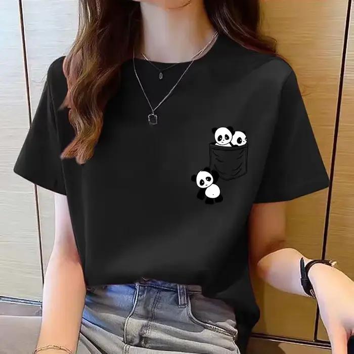 Femmes à manches courtes haut été nouvelle poche Panda dessin animé imprimé T-shirt mode coréenne ha