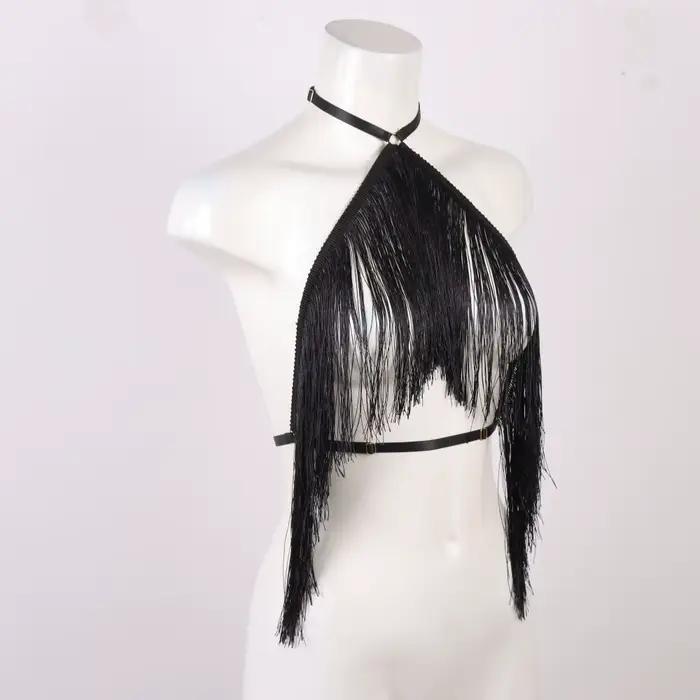 Haut licou à pampilles noires pour femmes, harnais élastique réglable, vêtements toutes saisons, hau