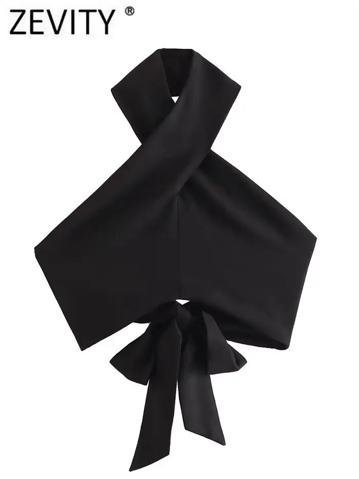 Zevity femmes Sexy sans manches dos nu nœud noué noir licou Blouse Femme sangle croisée chemise cour