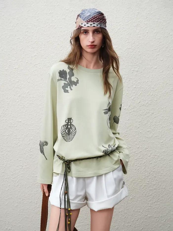 FSLE 【Série Premium】 T-shirt à manches longues pour femme en mélange de lin à imprimé botanique, nou