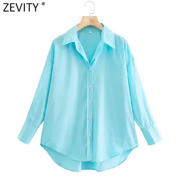 Zevity – Chemise en popeline à manches longues pour femmes, simple, Slim, décontractée, couleur bonb