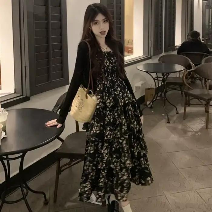 Robes mi-longues sans manches pour femmes, imprimé Floral, conçu français élégant, douce fille féeri
