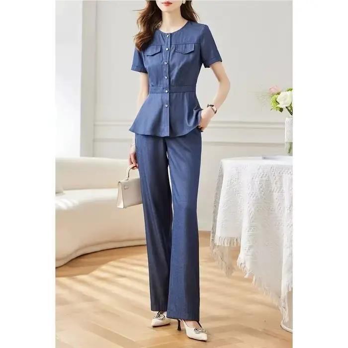 Ensemble en Jean à Manches Courtes pour Femme, Chemise en Denim et Pantalon Droit, Cardigan à la Mod