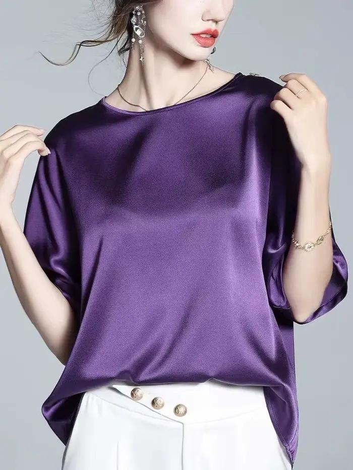 Printemps 2026 femmes chemise en soie glacée Vintage Blouse grande taille femmes demi manches acétat