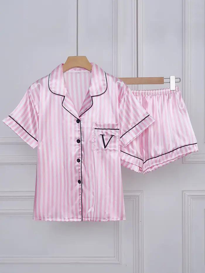 Ensemble pyjama à manches courtes et short avec poche lettre brodée rayée, vêtements de nuit décontr