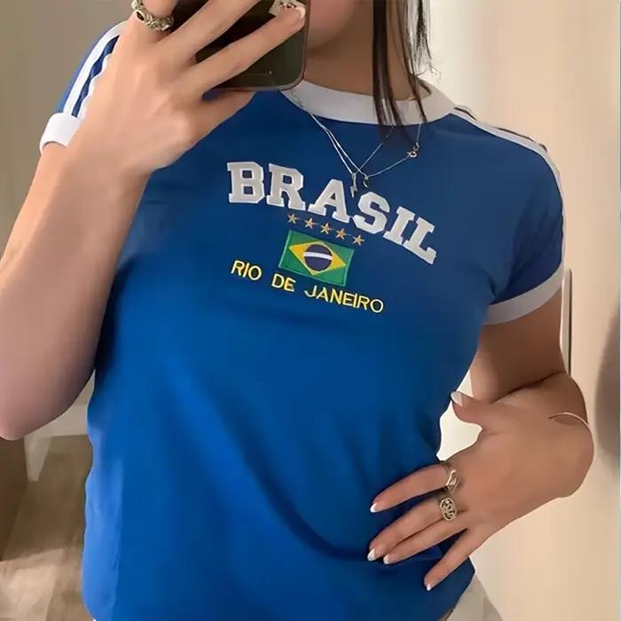 BRASCanon-T-shirt court et moulant bleu pour femme, vêtement sexy, streetwear, Harajuku, Y2k, 2023