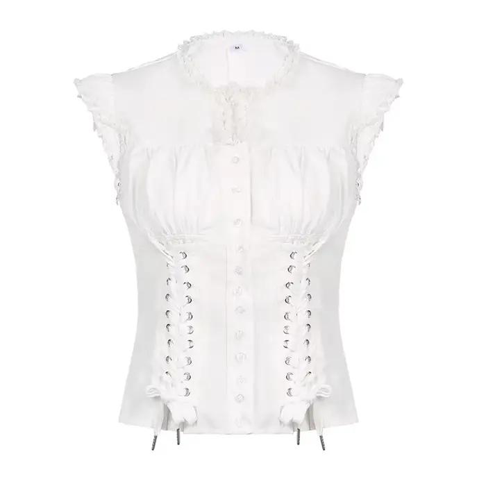 Haut court blanc à volants boutonnés pour femmes, t-shirt à manches courtes, Fairycore, t-shirt chic