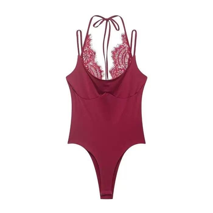 2026 Body moulant rose sexy pour femme, style streetwear, sans manches, en dentelle patchwork, pour 