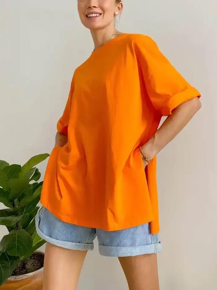 Été femmes T-shirt À Manches Courtes 100% coton Surdimensionné T-shirts Lâche Casual O COU Solide Bl