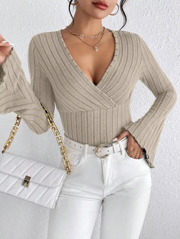 T-shirt à manches longues et col en V pour femmes, chemise slim rayée sexy, Y, automne et hiver