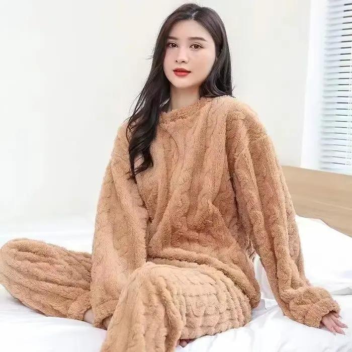 Ensemble pyjama épais et chaud en polaire de corail pour femme, vêtements de maison imprimés de dess