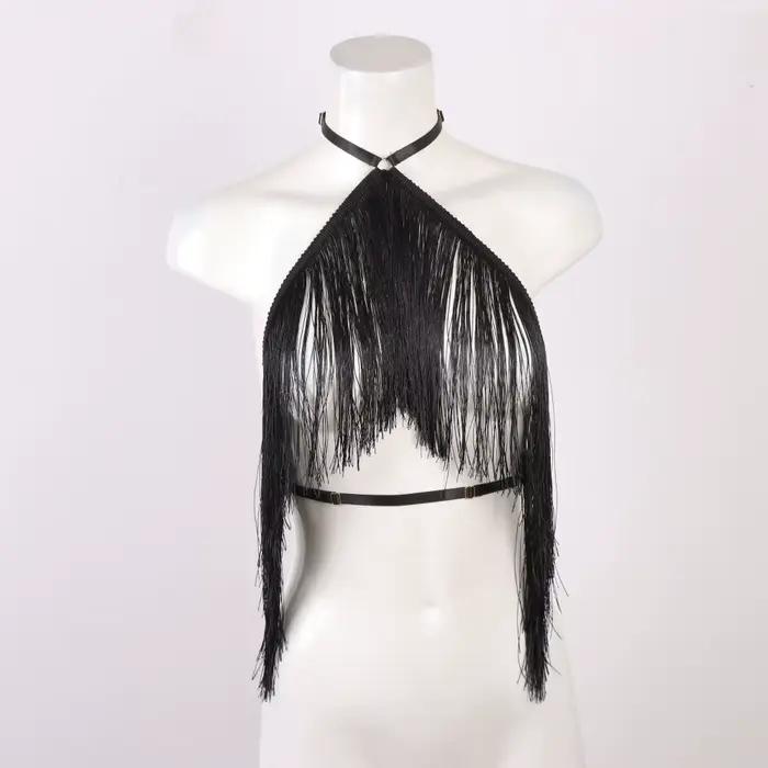 Haut licou à pampilles noires pour femmes, harnais élastique réglable, vêtements toutes saisons, hau