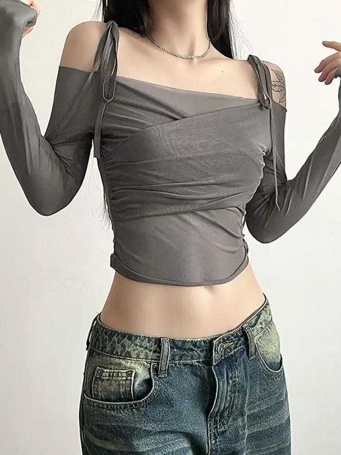Y2K Streetwear pour femmes, haut court à col Slash, Sexy, épaules dénudées, manches longues, Slim, m