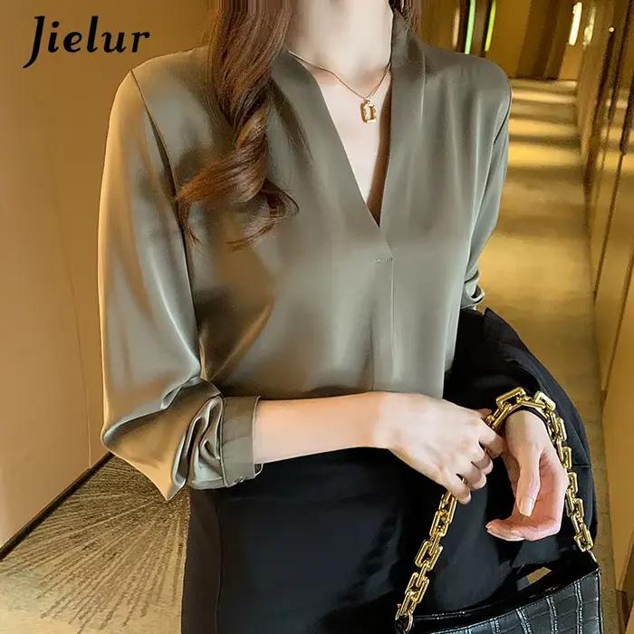 Jielur – chemises blanches de bureau pour femmes, couleur unie, col en v, hauts Skinny à manches lon