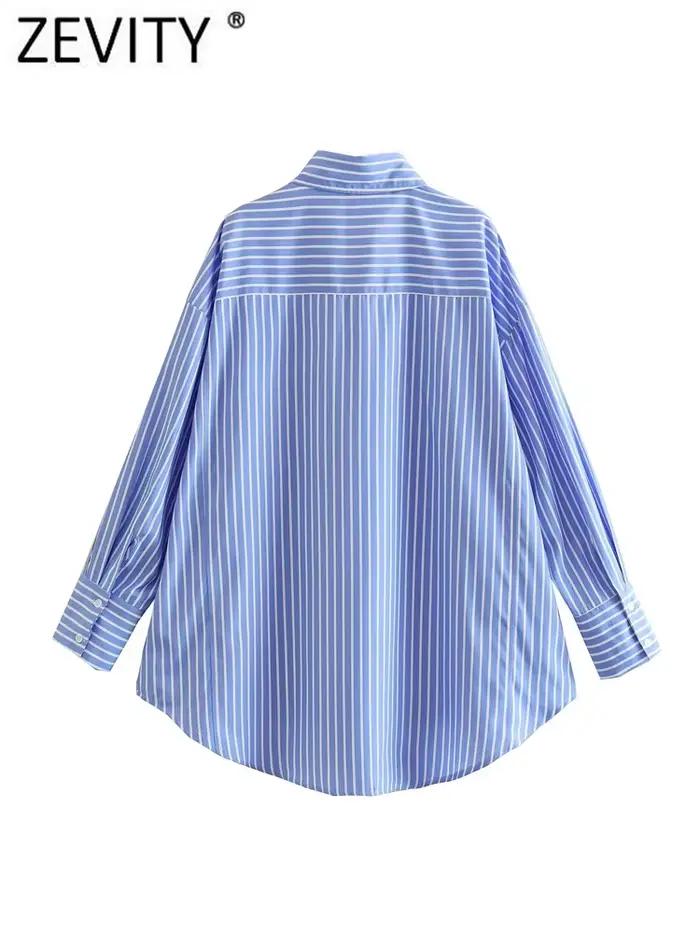 Zevity femmes mode blanc bleu rayé imprimé chemise ample bureau dame Double poche Patch Smock Blouse
