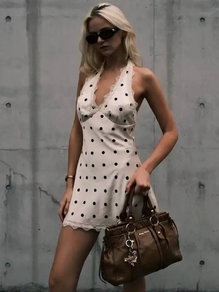 Blifanbo Satin à pois Mini Robe femmes Robe été nouvelle dentelle licou col en V profond sans manche