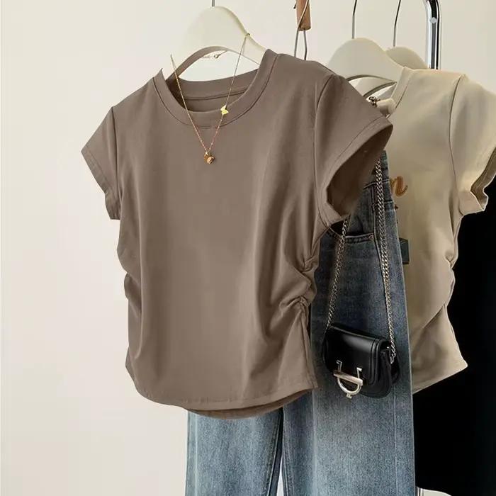 Haut d'été à manches courtes pour femmes, chemise de Base polyvalente, coupe cintrée, col rond, déco