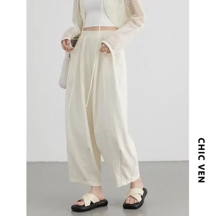 CHIC VEN femmes blanc pantalon solide décontracté taille élastique taille haute plissé jambe large f