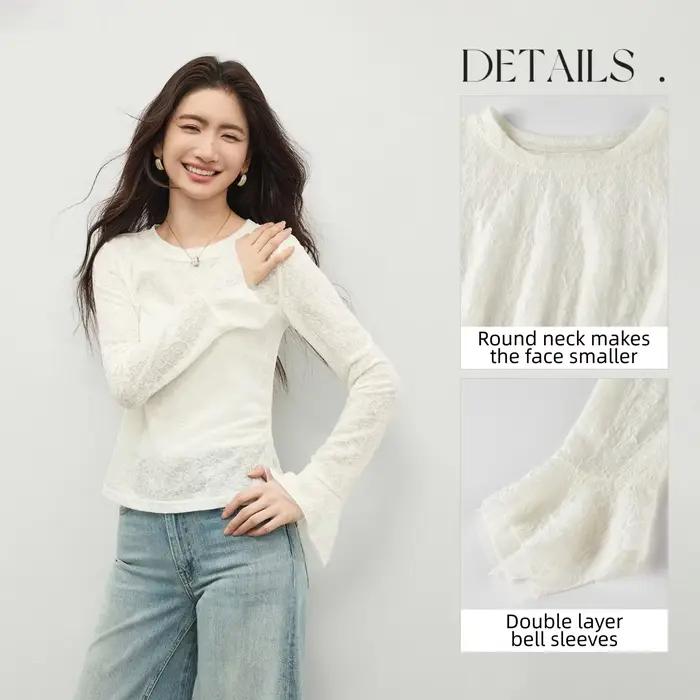 T-shirt en dentelle SENTUBILA pour femme, collection Printemps 2026, col rond, manches évasées, tran