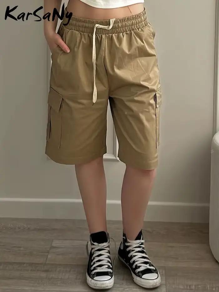 Short cargo taille haute pour femme, bermuda d'été, monochrome, grande poche, décontracté, jambe dro