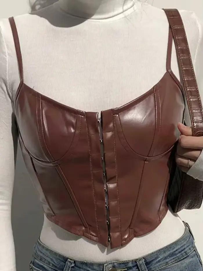 Débardeur en PU uni pour femmes, vêtements audacieux, accessoires Y2k, clips, bustier, crop top sexy