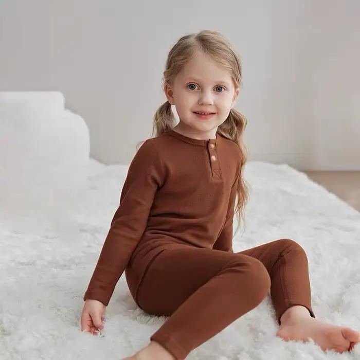 Printemps automne enfant en bas âge pyjamas costume couleur unie coton enfants hauts + Leggings bébé