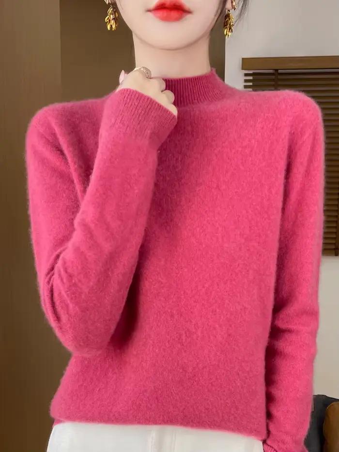 100% laine mérinos pull femmes col montant pull automne hiver basique doux chaud pulls à manches lon