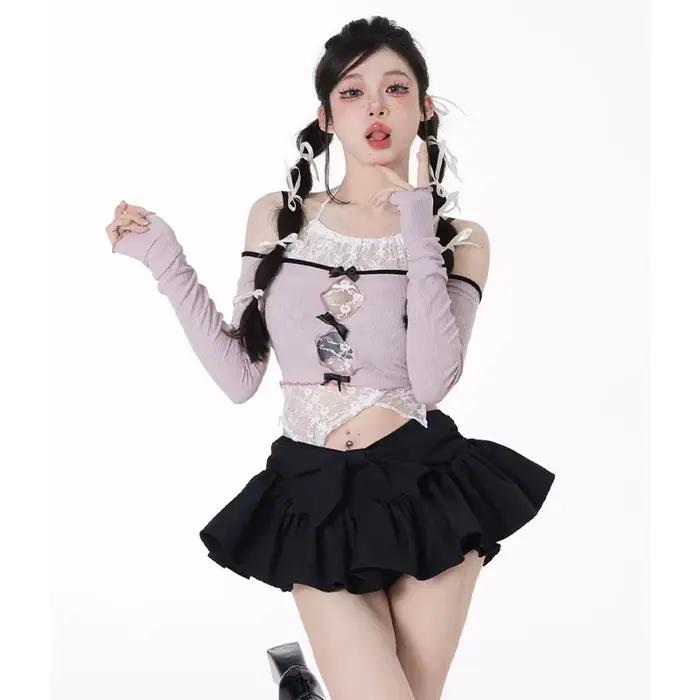 Coréen Sexy dentelle fille chaude printemps deux pièces ensemble femmes 2025 Vintage manches longues