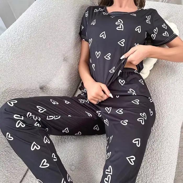 Pyjama rose foncé pour femmes, T-shirt et pantalon à manches courtes avec lettres imprimées, vêtemen