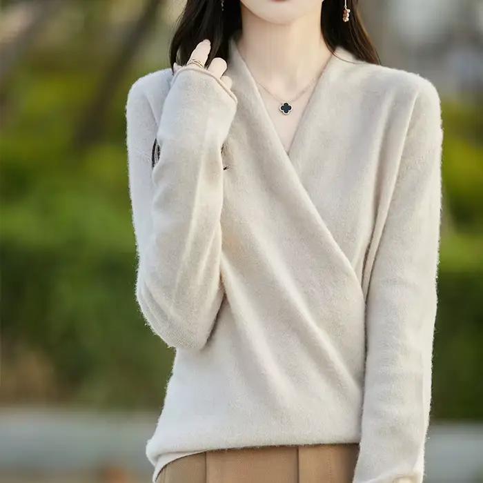 Hiver 100% Pure laine tricoté femmes pull col en v pull Standard cachemire tricots nouvelle mode Sex